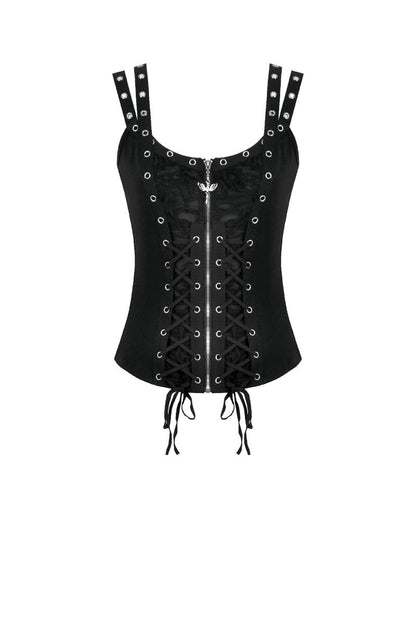 Schwarzes Top Gothic Pixie Top mit Zierschnürungen und Reißverschluss von Dark In Love