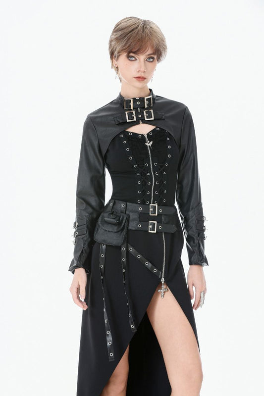 Schwarzes Top Gothic Pixie Top mit Zierschnürungen und Reißverschluss von Dark In Love