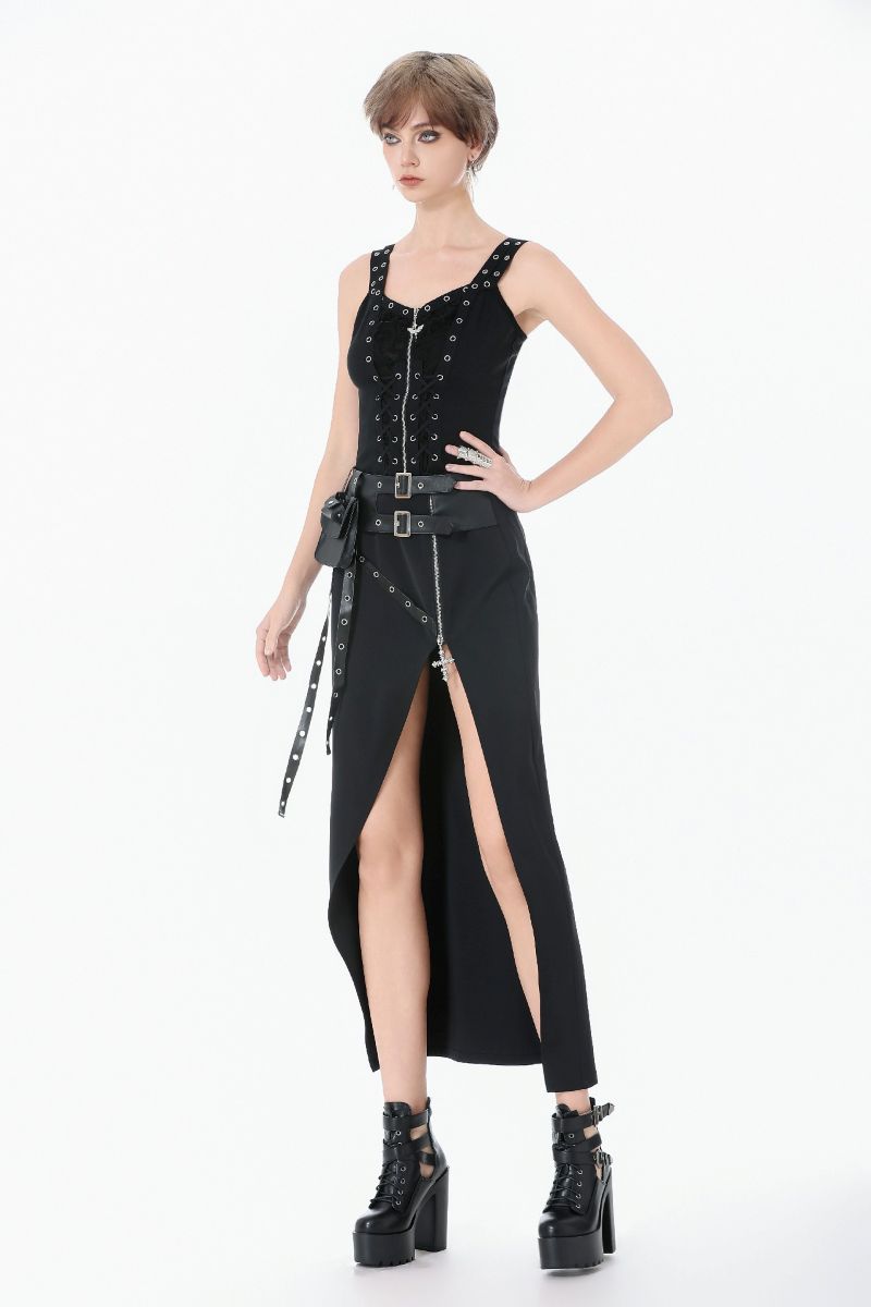 Schwarzes Top Gothic Pixie Top mit Zierschnürungen und Reißverschluss von Dark In Love