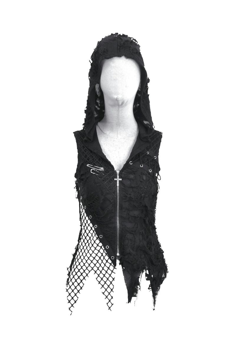 Schwarzes, asymmetrisches Oberteil Ghoul Girl Top im Distressed-Look mit Kapuze und Netzeinsätzen von Dark In Love