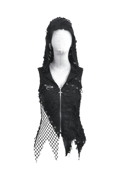 Schwarzes, asymmetrisches Oberteil Ghoul Girl Top im Distressed-Look mit Kapuze und Netzeinsätzen von Dark In Love