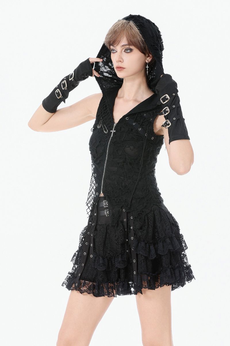 Schwarzes, asymmetrisches Oberteil Ghoul Girl Top im Distressed-Look mit Kapuze und Netzeinsätzen von Dark In Love