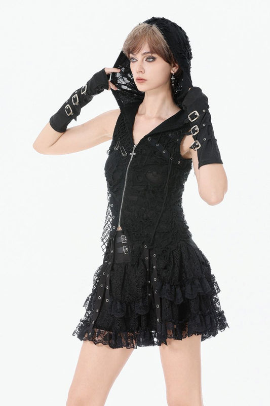 Schwarzes, asymmetrisches Oberteil Ghoul Girl Top im Distressed-Look mit Kapuze und Netzeinsätzen von Dark In Love