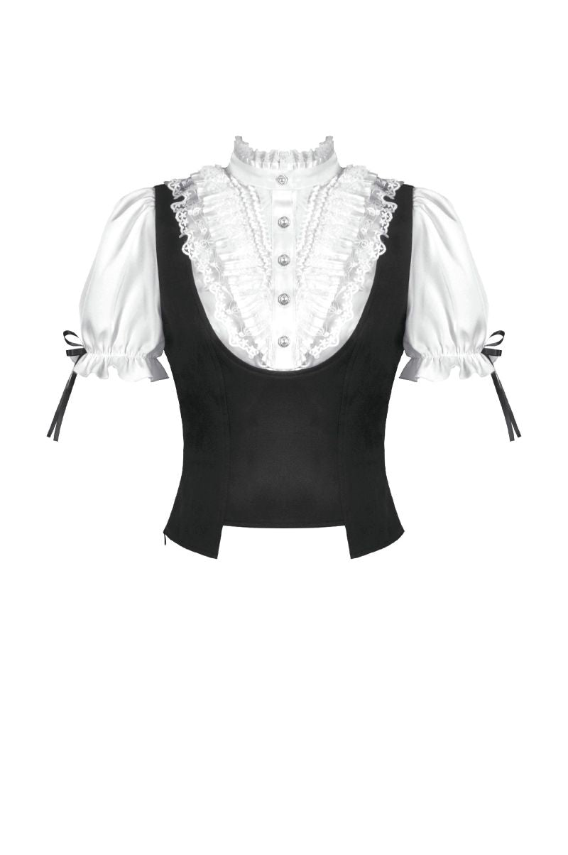Weißes, kurzärmliges Oberteil Victorique Top mit Rüschenärmeln und schwarzem Westendetail von Dark In Love