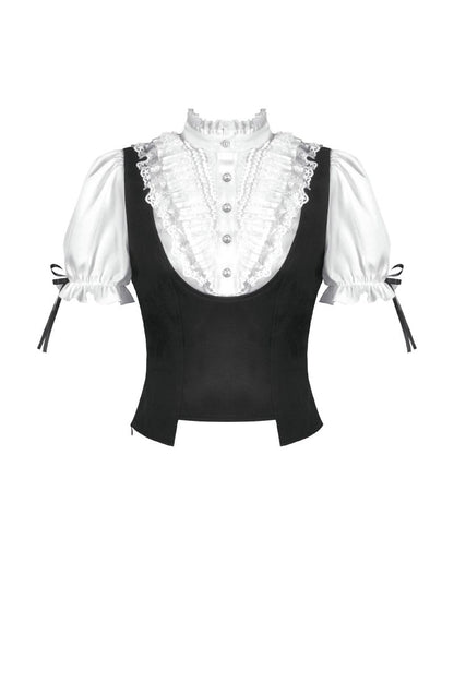 Weißes, kurzärmliges Oberteil Victorique Top mit Rüschenärmeln und schwarzem Westendetail von Dark In Love