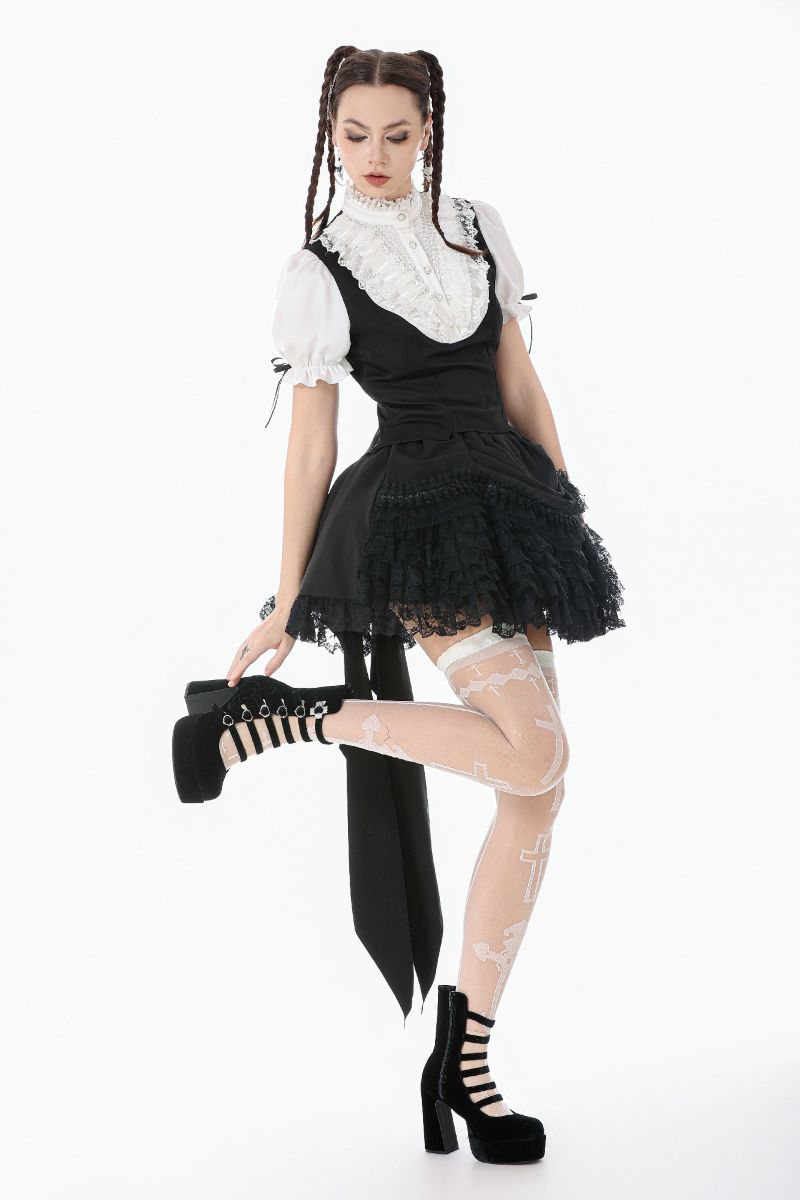Weißes, kurzärmliges Oberteil Victorique Top mit Rüschenärmeln und schwarzem Westendetail von Dark In Love