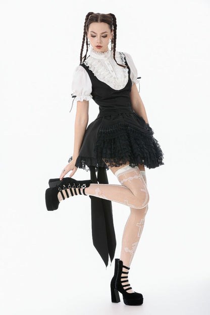 Weißes, kurzärmliges Oberteil Victorique Top mit Rüschenärmeln und schwarzem Westendetail von Dark In Love