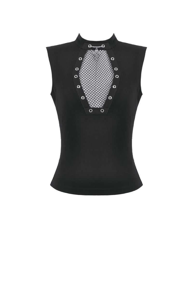Schwarzes Oberteil Coffin Coven T-Shirt mit sargförmigem Netzeinsatz von Dark In Love