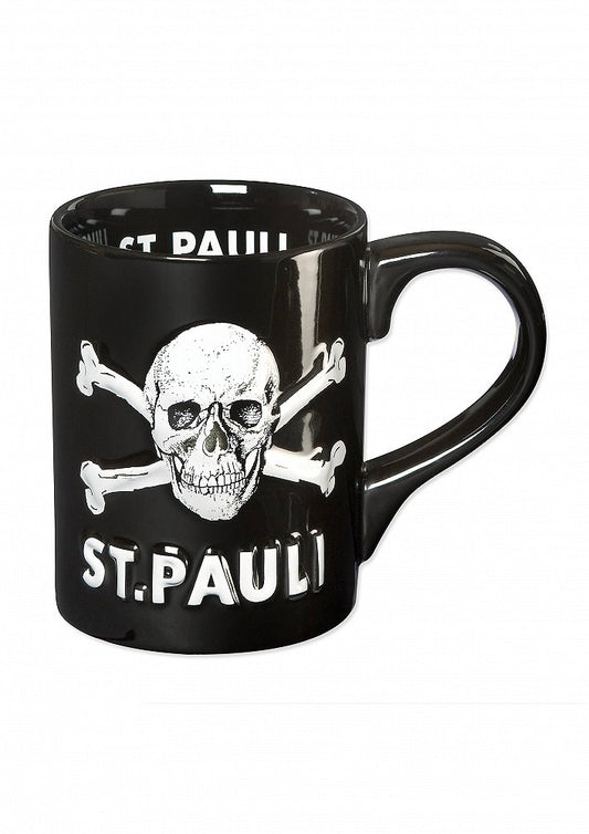 Schwarzer Kaffeebecher mit 3D-Totenkopf von St.Pauli