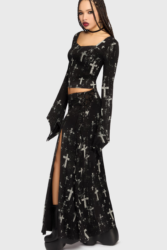 Schwarzer Rock Tenebris Chapel Maxi Skirt mit Kreuzprint von Killstar