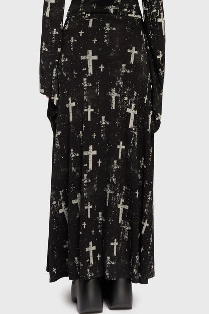 Schwarzer Rock Tenebris Chapel Maxi Skirt mit Kreuzprint von Killstar