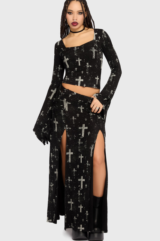 Schwarzes Oberteil Tenebris Chapel Top mit Kreuzprint von Killstar