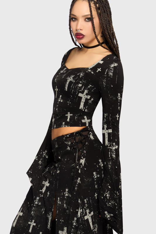 Schwarzes Oberteil Tenebris Chapel Top mit Kreuzprint von Killstar
