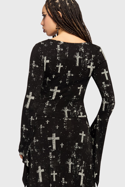 Schwarzes Oberteil Tenebris Chapel Top mit Kreuzprint von Killstar