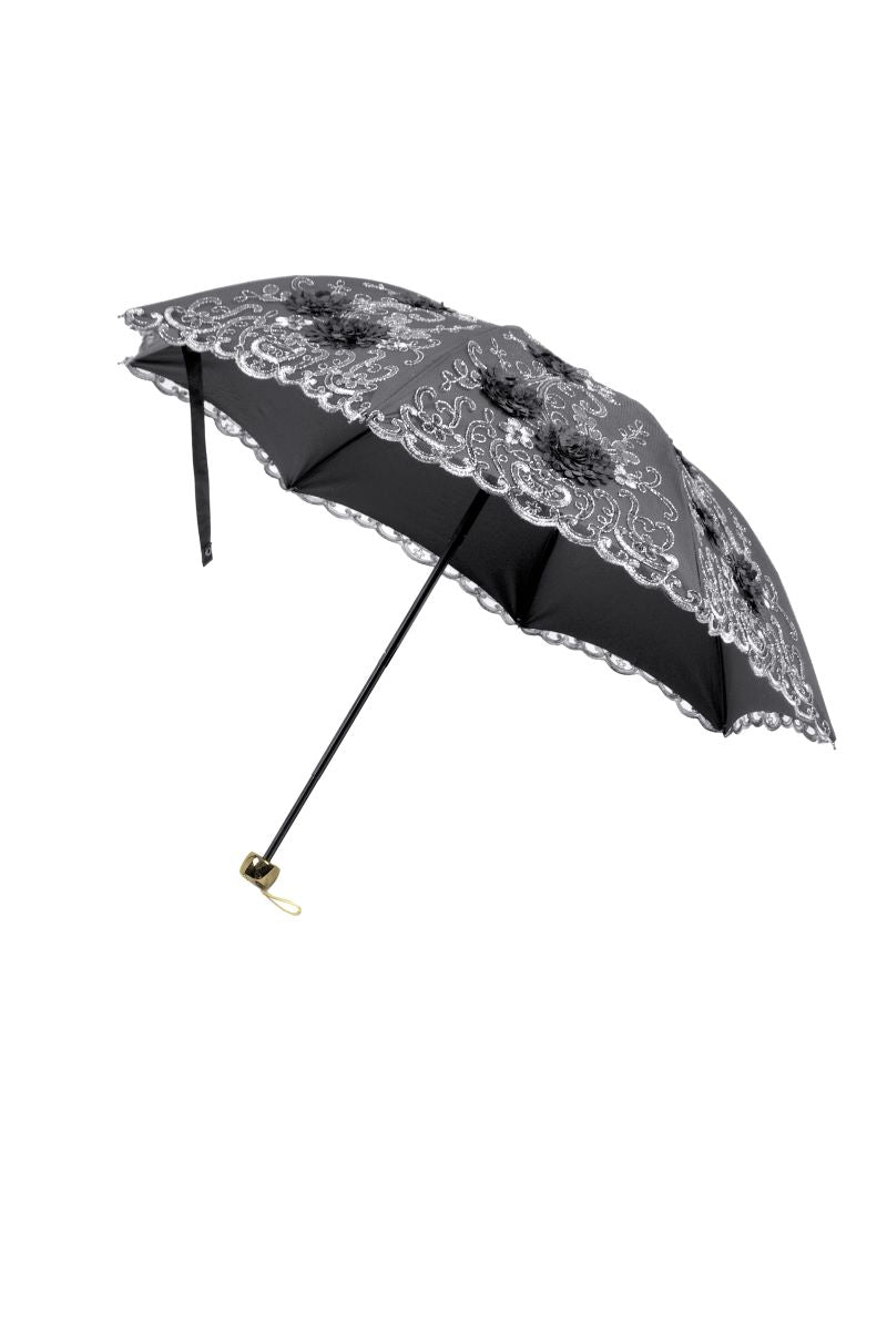 Schwarz/Weißer Sonnenschirm The Secret Garden Parasol floraler Stickerei von Dark In Love