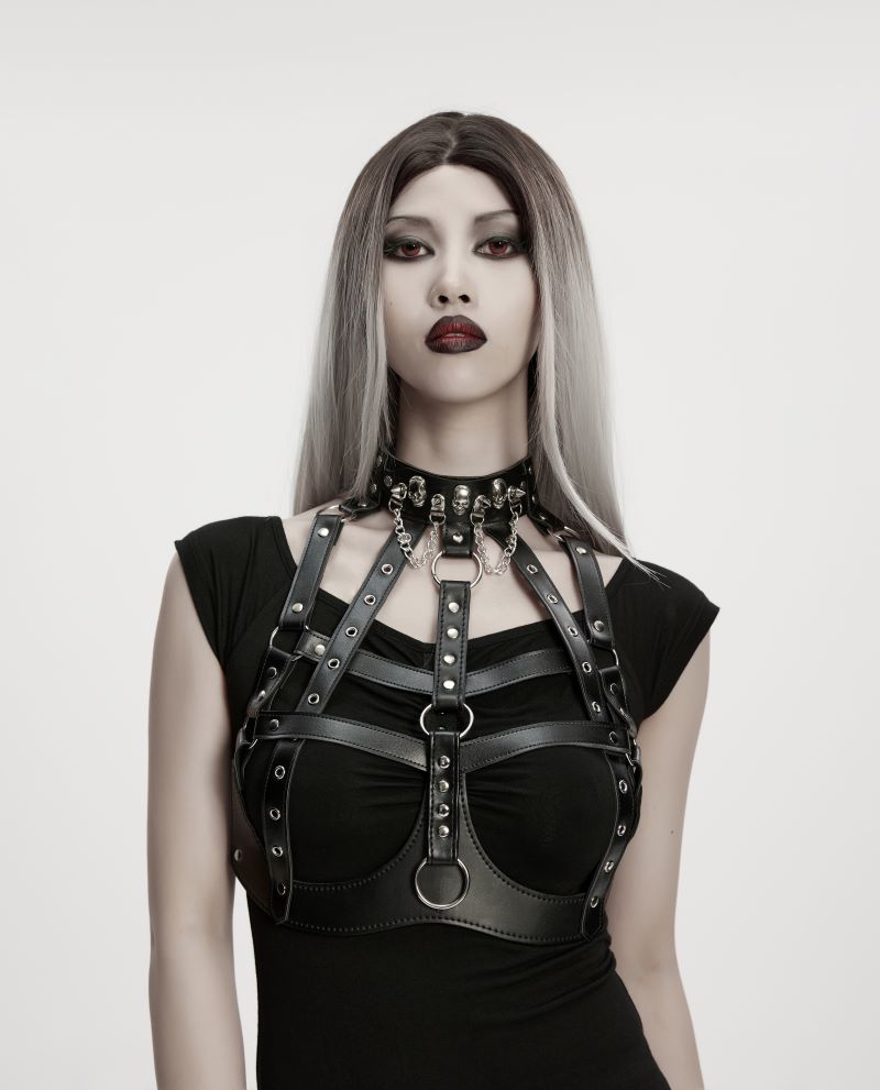 Schwarzer Harness Torturetta Bust Harness mit Zierösen von Punk Rave