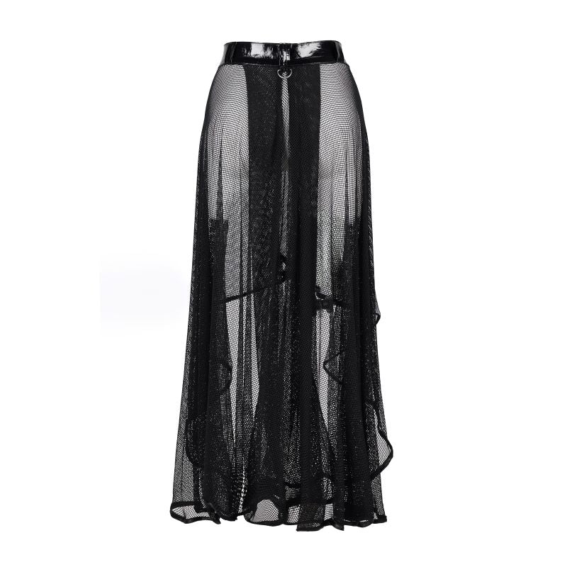 Schwarzer, langer Rock Erotic Long Skirt PVC mit Meshstoff und Lackoptikbund von Zügellos