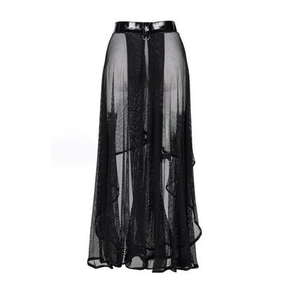 Schwarzer, langer Rock Erotic Long Skirt PVC mit Meshstoff und Lackoptikbund von Zügellos