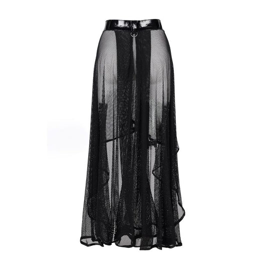 Schwarzer, langer Rock Erotic Long Skirt PVC mit Meshstoff und Lackoptikbund von Zügellos