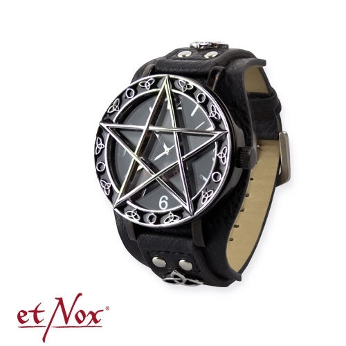 Schwarze Armbanduhr Pentacle Time mit aufklappbarem Deckel von etNox