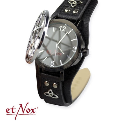 Schwarze Armbanduhr Pentacle Time mit aufklappbarem Deckel von etNox