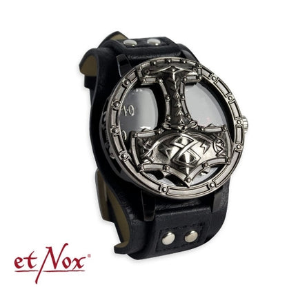 Schwarze Armbanduhr Thors Hammer mit aufklappbarem Deckel von etNox