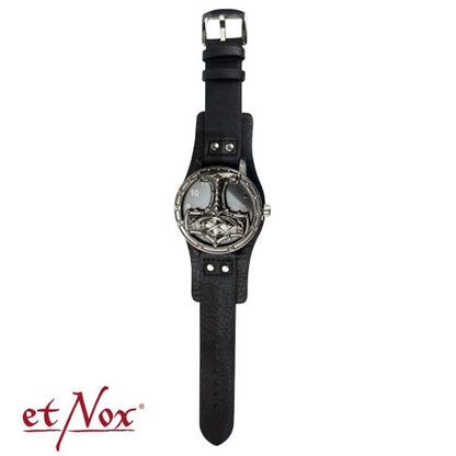Schwarze Armbanduhr Thors Hammer mit aufklappbarem Deckel von etNox