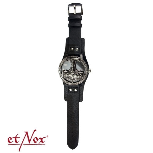 Schwarze Armbanduhr Thors Hammer mit aufklappbarem Deckel von etNox
