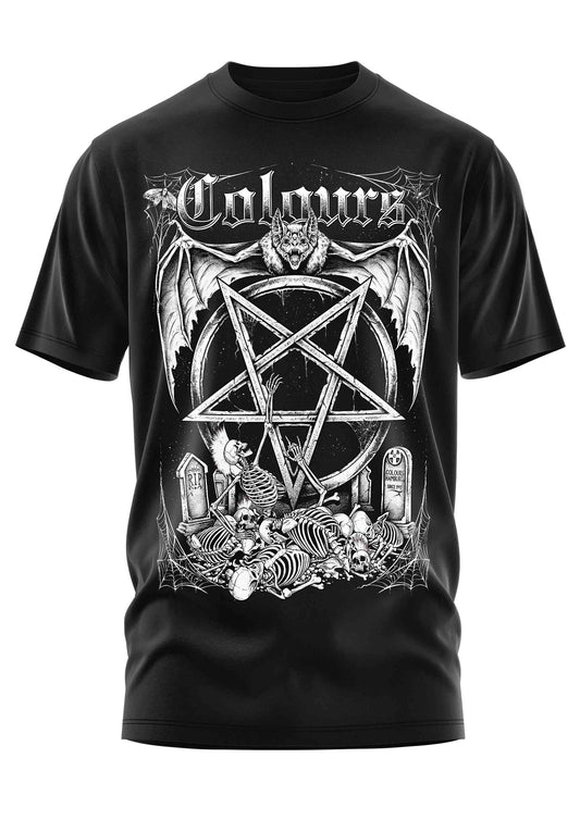 Schwarzes T-Shirt Colours Dark Cave Shirt mit exklusivem Friedhof- und Pentagramprint von Easure