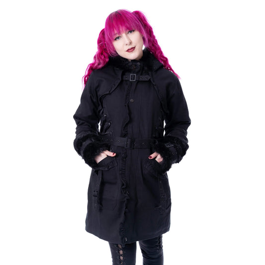 Lange schwarze Jacke VESPERIS JACKET mit veganem Fellbesatz und Schnürrung am Rücken von Poizen Industries