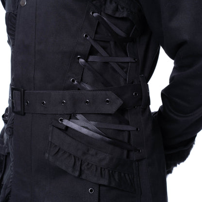 Lange schwarze Jacke VESPERIS JACKET mit veganem Fellbesatz und Schnürrung am Rücken von Poizen Industries