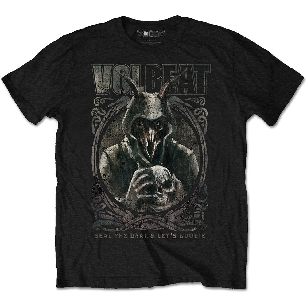 Lizensiertes Volbeat Goat With Skull Bandshirt mit Print einer gehörnten Figur mit Totenkopf in den Händen