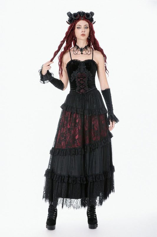 Schwarzes Shirt Vampyrean Top mit rotem Unterstoff und Spitzenelementen von Dark In Love