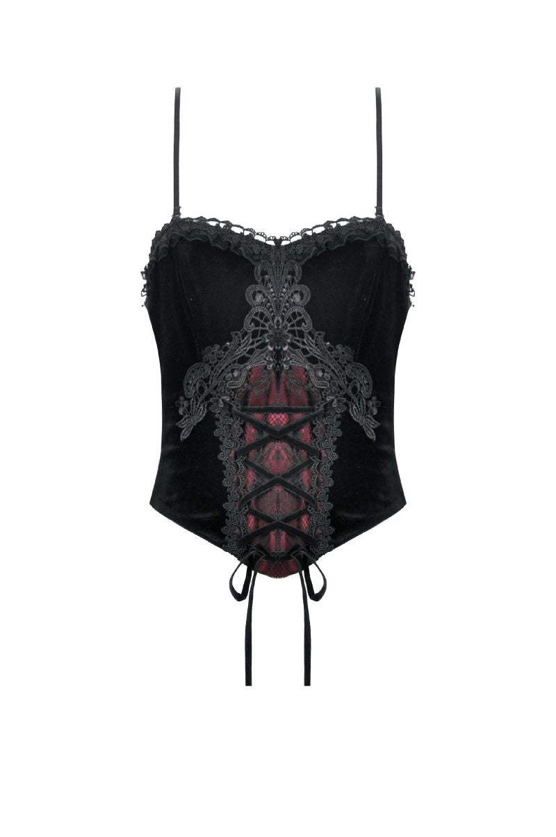 Schwarzes Shirt Vampyrean Top mit rotem Unterstoff und Spitzenelementen von Dark In Love