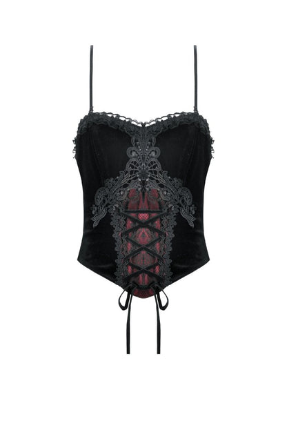 Schwarzes Shirt Vampyrean Top mit rotem Unterstoff und Spitzenelementen von Dark In Love