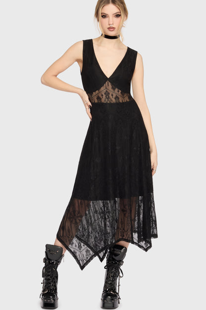 Schwarzes Kleid Vesper Wraith Midi Dress mit Spitzenstoff von Killstar