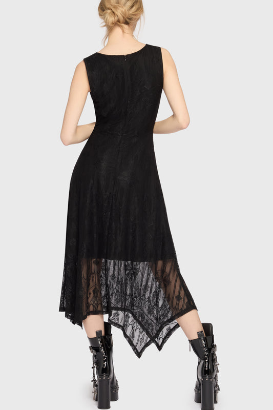 Schwarzes Kleid Vesper Wraith Midi Dress mit Spitzenstoff von Killstar