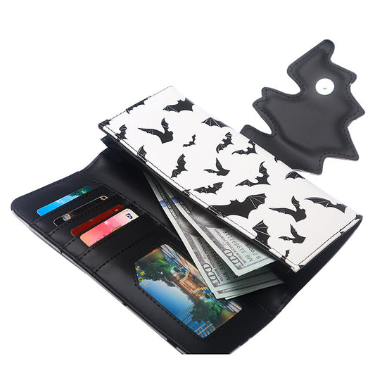 Weißes Portemonnaie LONG BATS WALLET White mit schwarzem Fledermausprint, sowie schwarzem Fledermausverschluss von Moon Attic