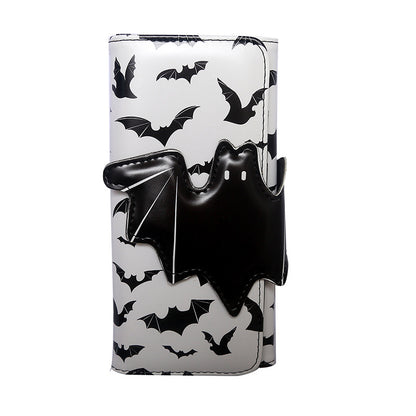 Weißes Portemonnaie LONG BATS WALLET White mit schwarzem Fledermausprint, sowie schwarzem Fledermausverschluss von Moon Attic