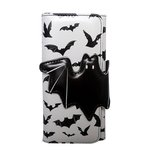 Weißes Portemonnaie LONG BATS WALLET White mit schwarzem Fledermausprint, sowie schwarzem Fledermausverschluss von Moon Attic