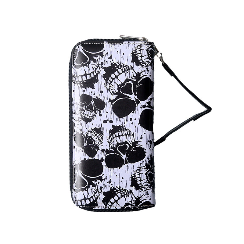 Großes, schwarzes Portemonnaie MANY SKULLS WALLET mit Allover-Totenkopfprint von Moon Attic