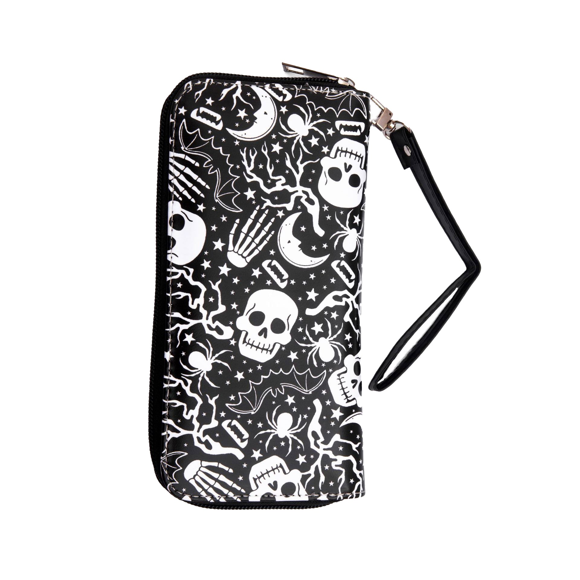 Großes, schwarzes Portemonnaie CRAZY SKULL WALLET mit Allover-Print von Moon Attic