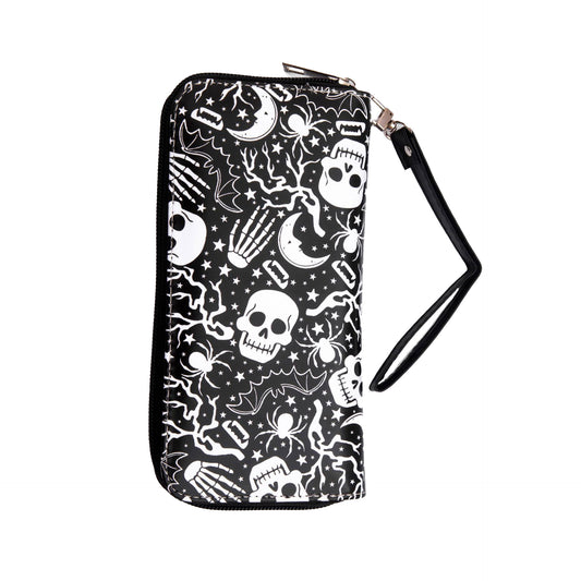 Großes, schwarzes Portemonnaie CRAZY SKULL WALLET mit Allover-Print von Moon Attic
