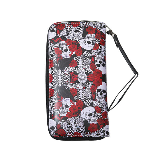 Großes, schwarzes Portemonnaie BIG ROSES AND SKULLS WALLET mit Skelett- und Rosenprint von Moon Attic