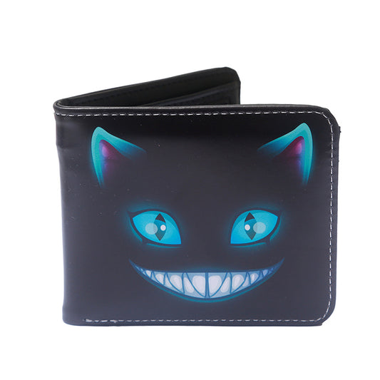 Kleines, schwarzes Portemonnaie SMALL CHESHIRE CAT WALLET mit Grinsekatzenprint von Moon Attic