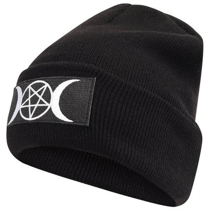 Schwarze Mütze BEANIE 'TRIPLE MOON' mit Pentagramprint von Moon Attic