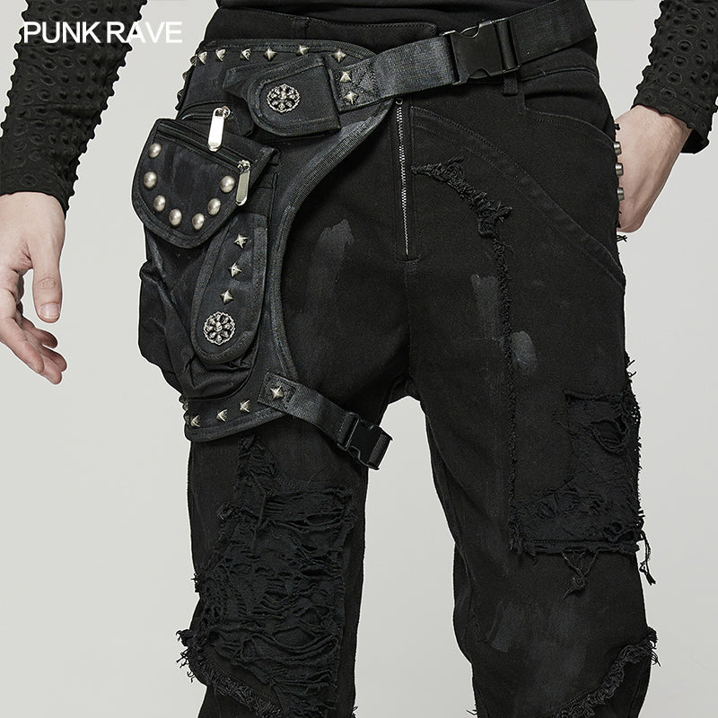 Schwarzes Beinholster DUNE HARNESS BAG im Taillen- und Beingurtdesign mit einer Seitentasche und Nietendetails von Punk Rave