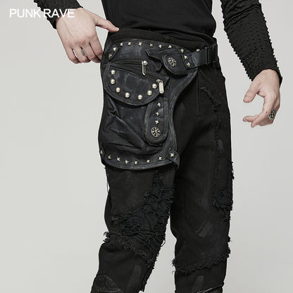 Schwarzes Beinholster DUNE HARNESS BAG im Taillen- und Beingurtdesign mit einer Seitentasche und Nietendetails von Punk Rave