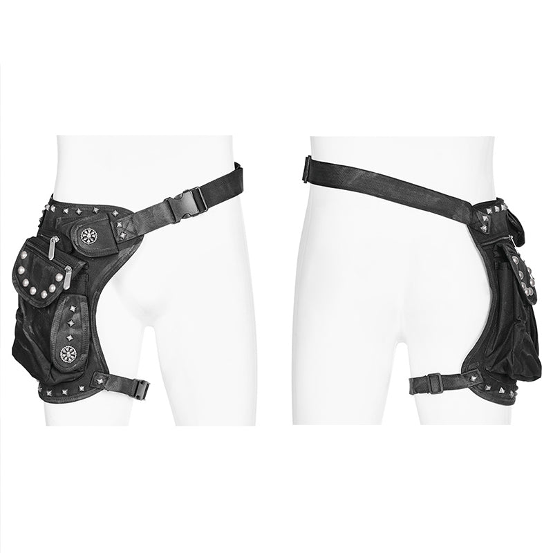 Schwarzes Beinholster DUNE HARNESS BAG im Taillen- und Beingurtdesign mit einer Seitentasche und Nietendetails von Punk Rave