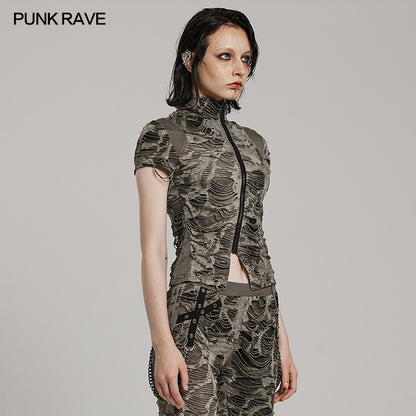 Braunes, tailliertes Kurzarm-Oberteil im Distressed-Look mit asymmetrischem Reißverschlussdetail von Punk Rave